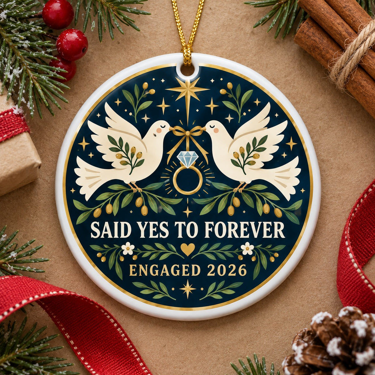 Folk Art Golden Ring Doves Engaged 2026 Ceramic Ornament