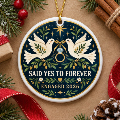 Folk Art Golden Ring Doves Engaged 2026 Ceramic Ornament