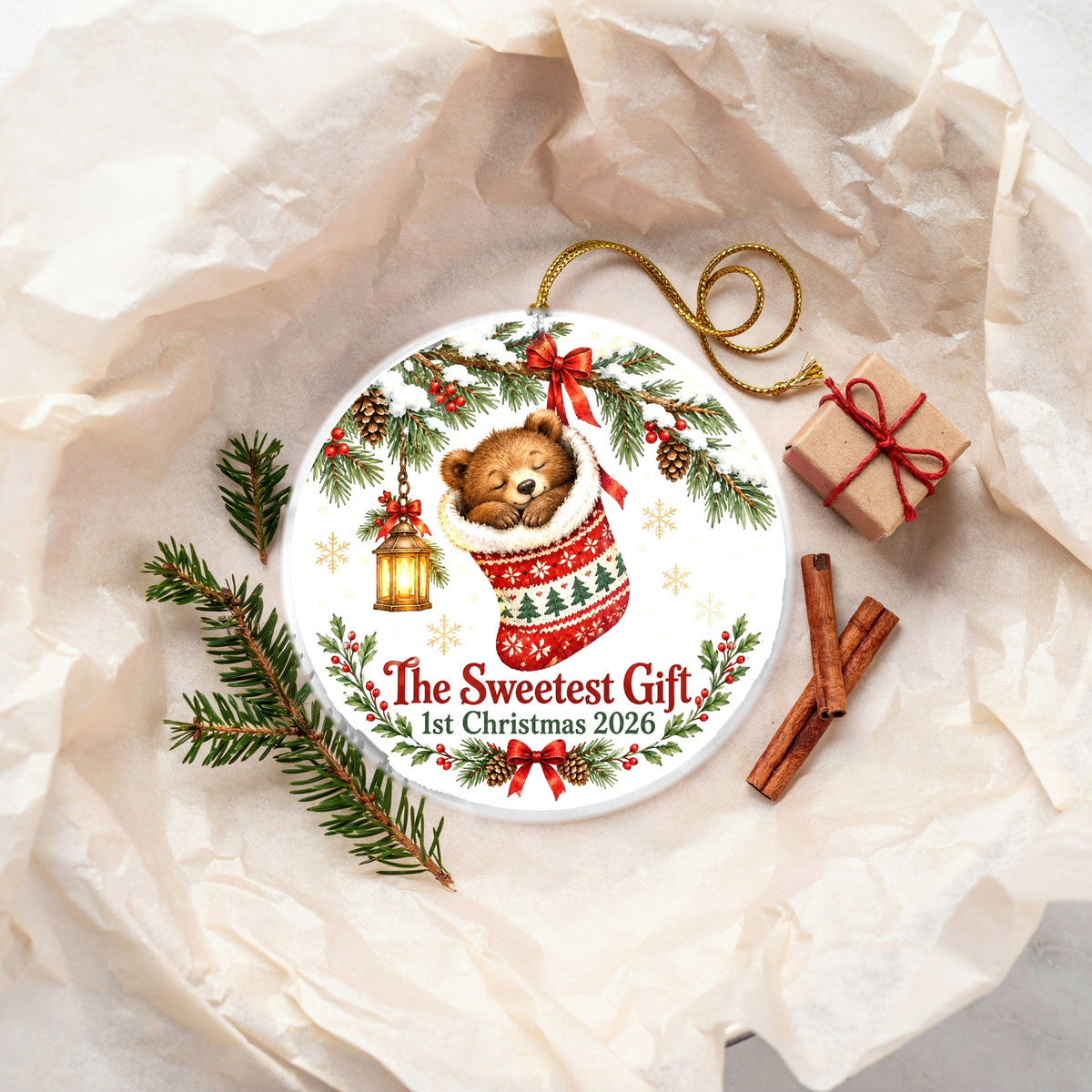 Sweetest Gift Bear Cub Baby First Christmas 2026 Ceramic Ornament