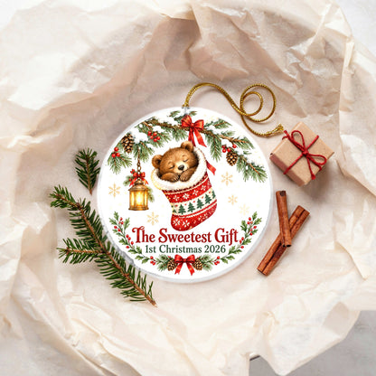 Sweetest Gift Bear Cub Baby First Christmas 2026 Ceramic Ornament