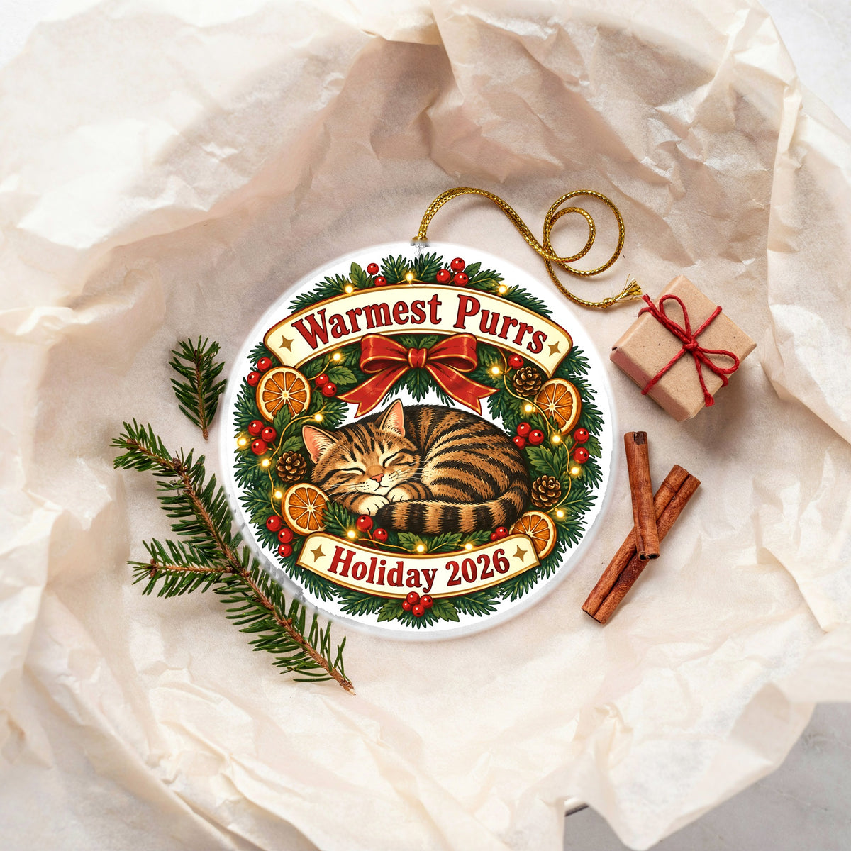 Cozy Cat Wreath Christmas Ornament, Tabby Holiday 2026 Keepsake
