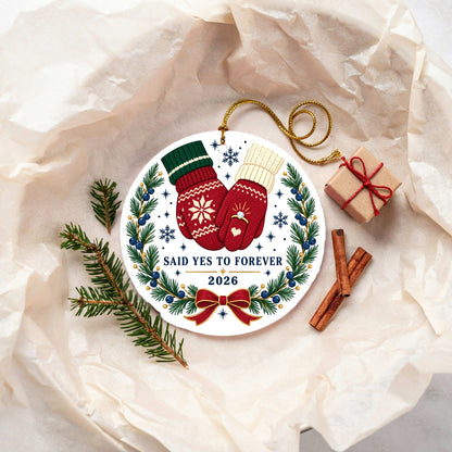 Mittens and Diamond Engagement Ceramic Christmas Ornament