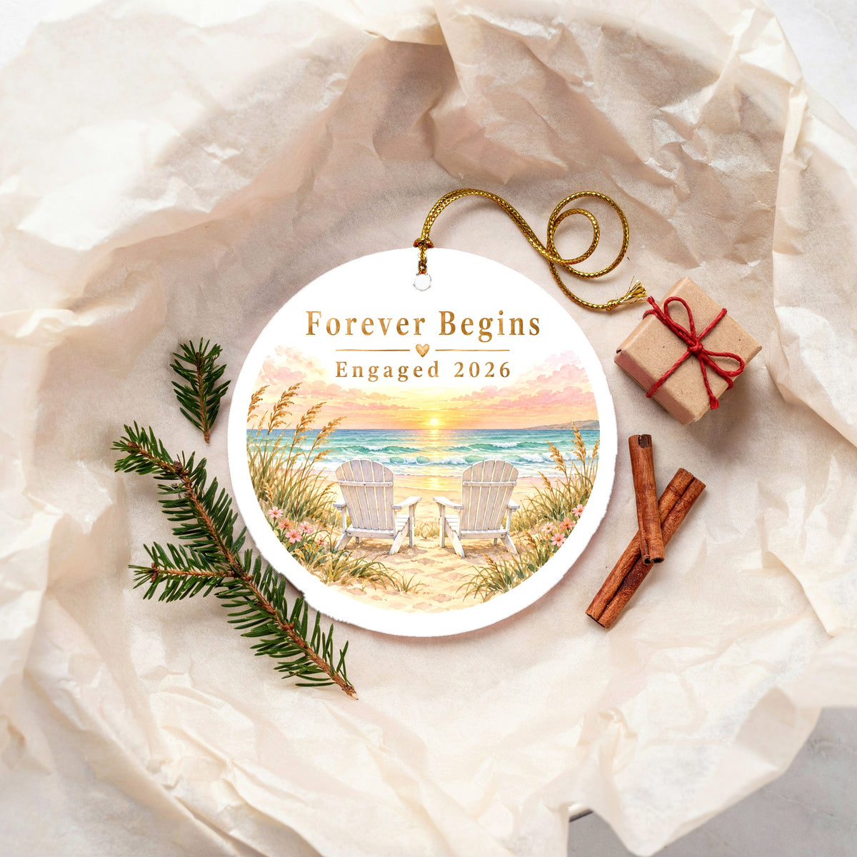 Sunset Seaside Engagement Keepsake Ceramic Christmas Tree Ornament