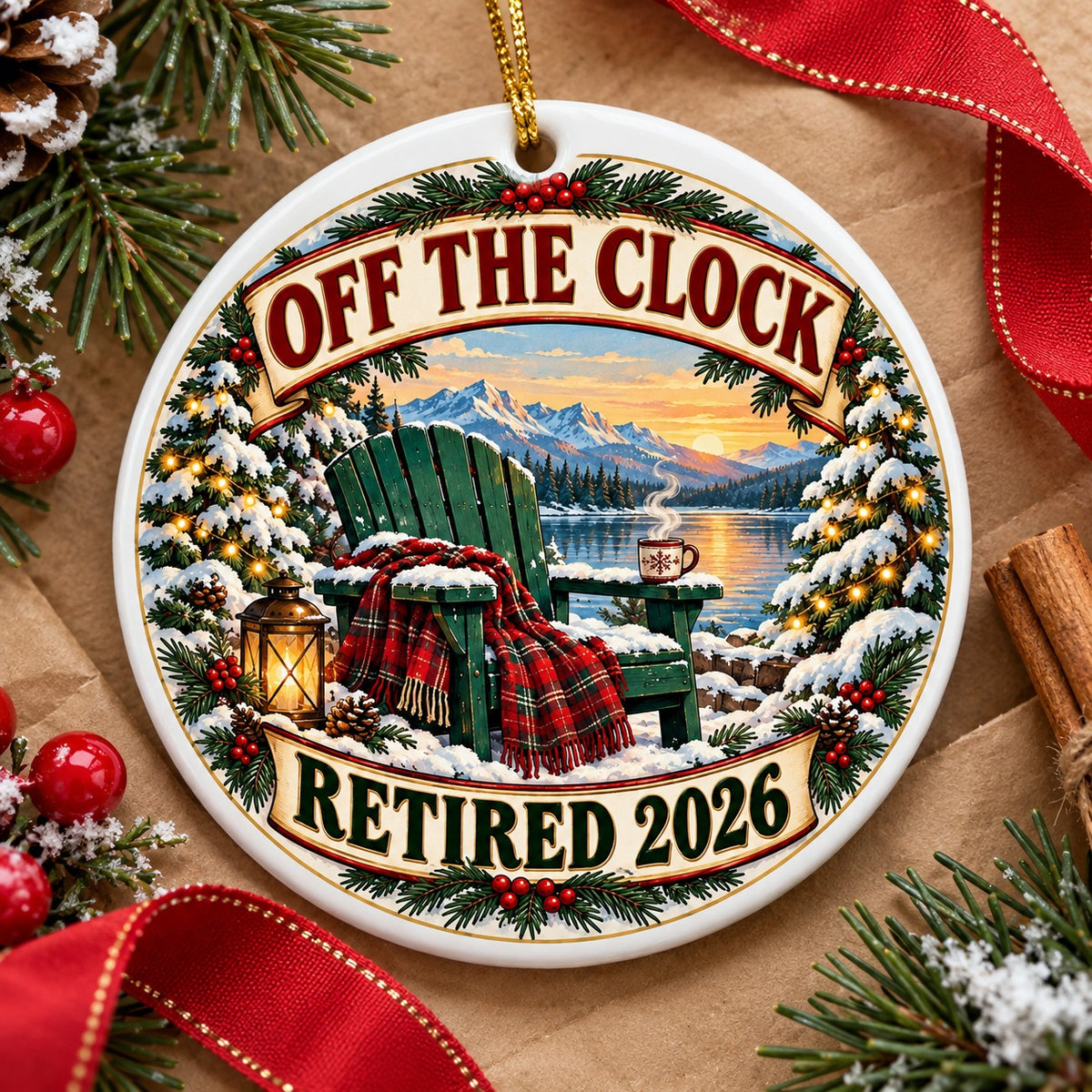 Off The Clock Cozy Winter Chair Ceramic Christmas Retirement Ornament
