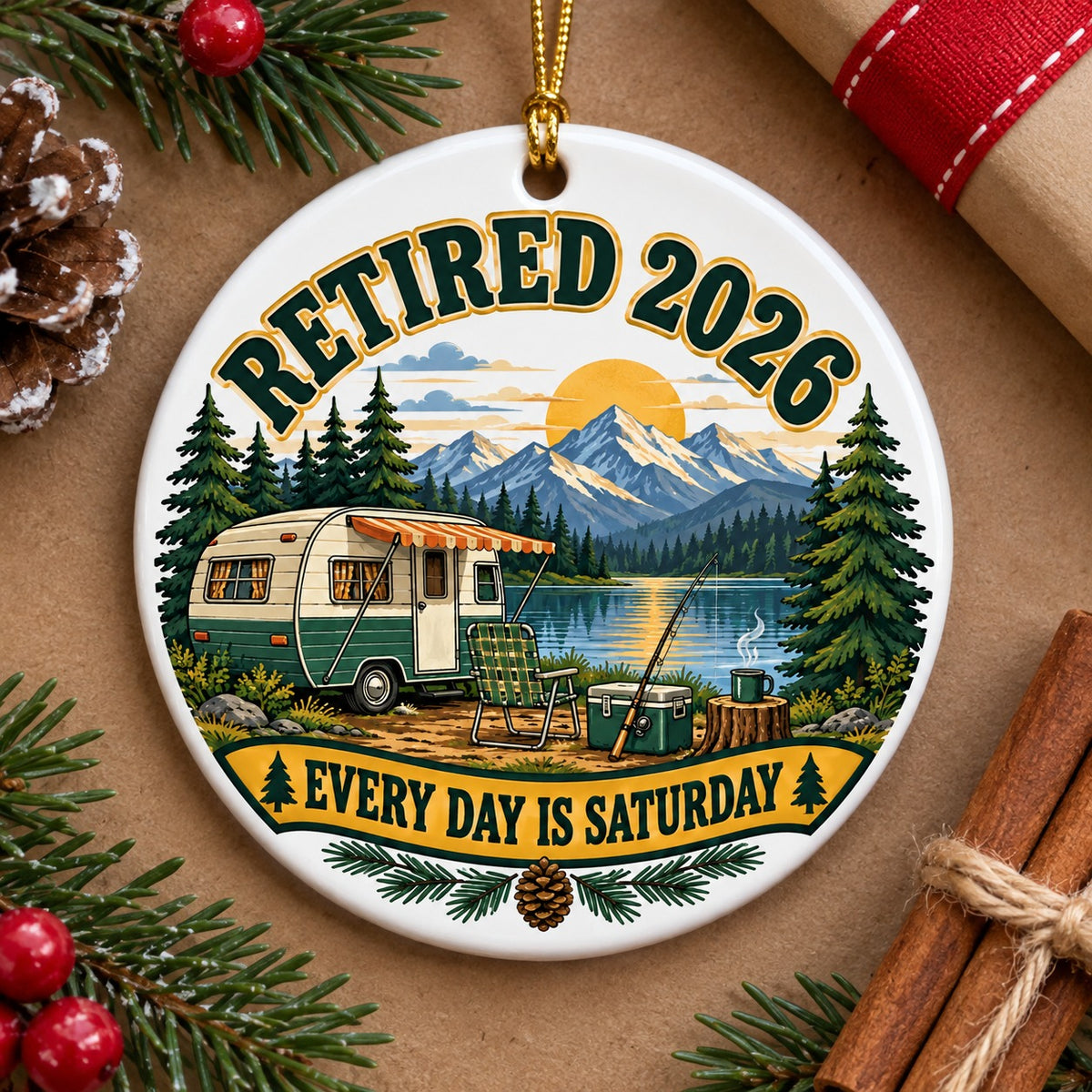 Every Day Is Saturday Camp Badge Retired 2026 Ceramic Christmas Ornament