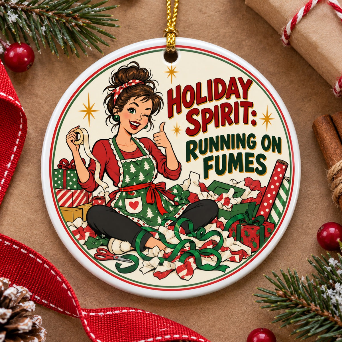 Holiday Spirit Running on Fumes Christmas Ceramic Ornament