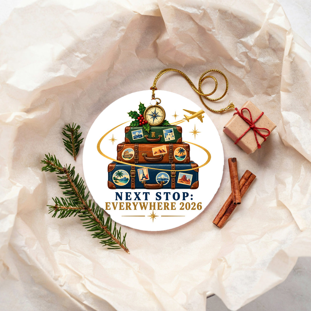 Next Stop Everywhere Luggage Badge Ceramic Christmas Ornament