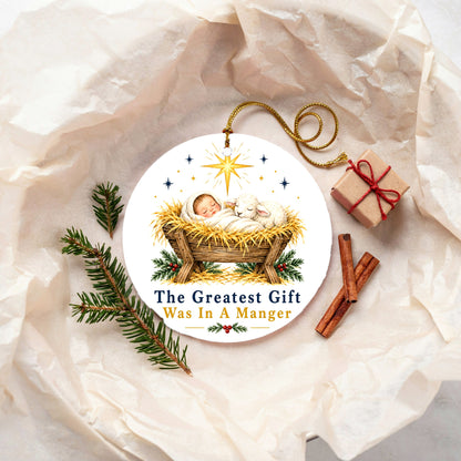 Greatest Gift Manger Keepsake Nativity Round Ceramic Christmas Ornament