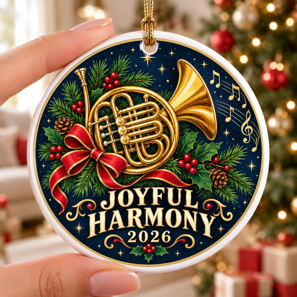 Joyful Harmony French Horn Music Lover Christmas Ceramic Ornament