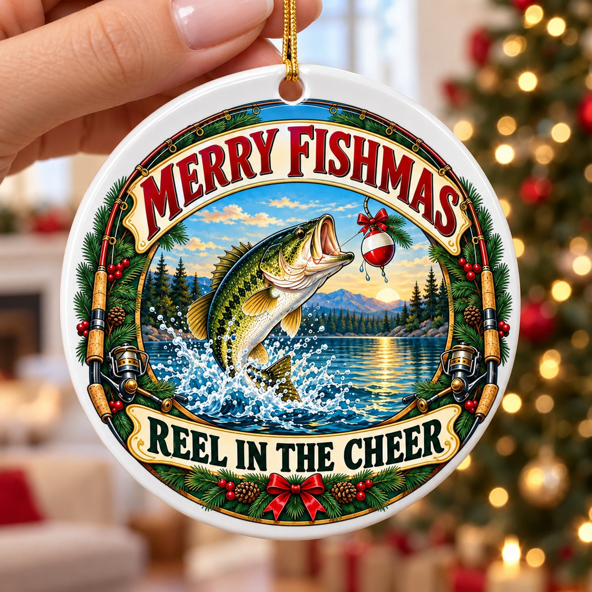 Reel in the Cheer Bass Fishing Ceramic Christmas Ornament