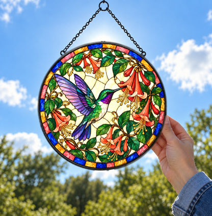 Hummingbird and Honeysuckle Glass Suncatcher Window Ornament