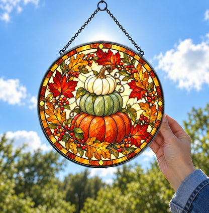 Stacked Heirloom Harvest Pumpkins Suncatcher, Autumn Glass Ornament