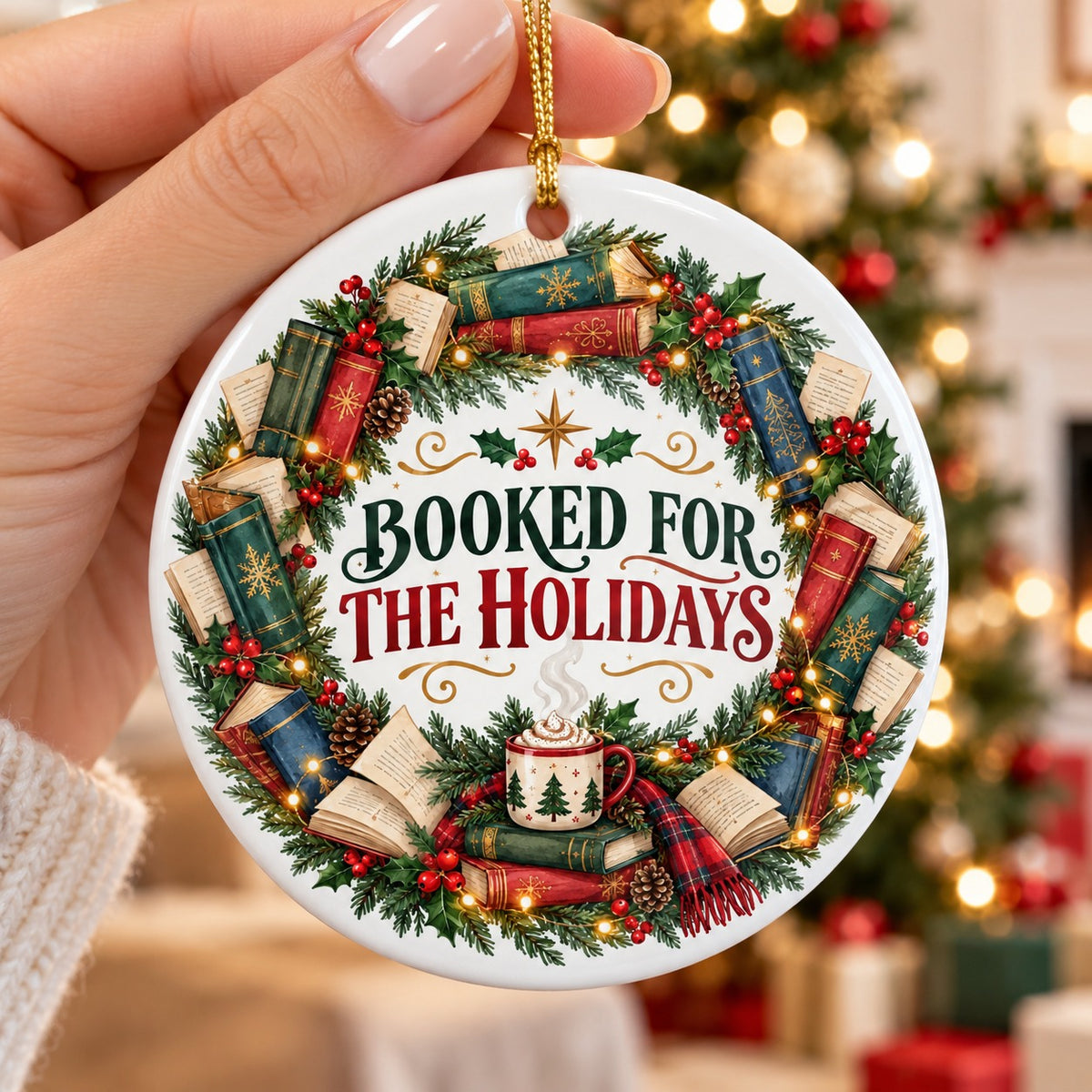 Booked for the Holidays Christmas Ceramic Book Lover Ornament