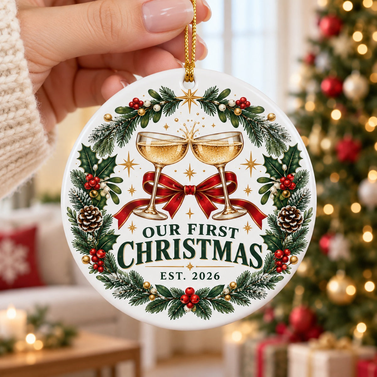 First Christmas Champagne Toast Ceramic Ornament, 2026 Newlywed Gift