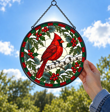 Winter Birch Cardinal Suncatcher, Hanging Glass Bird Ornament