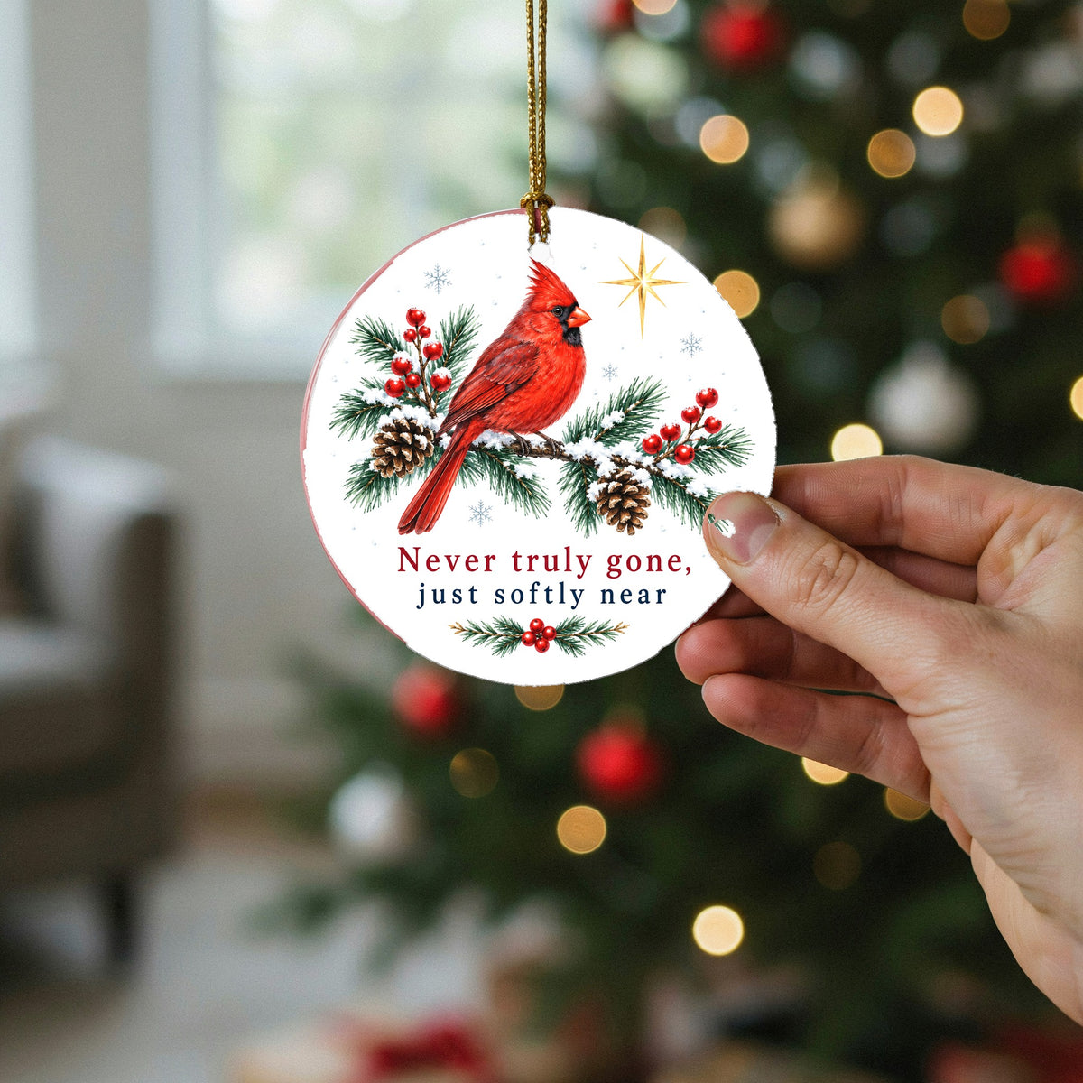 Softly Near Memorial Cardinal Ceramic Christmas Ornament