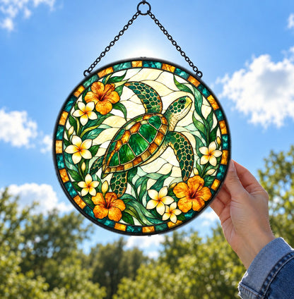Sea Turtle Stained Glass Style Suncatcher, Window Hanging Ornament