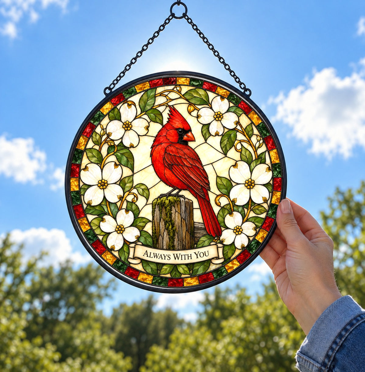 Whispering Wings Cardinal Suncatcher, Memorial Glass Hanging Ornament
