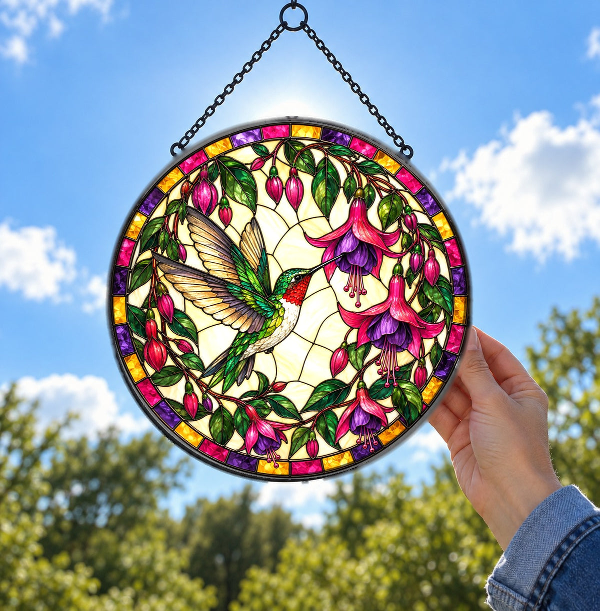 Fuchsia Hummingbird Glass Suncatcher Window Ornament