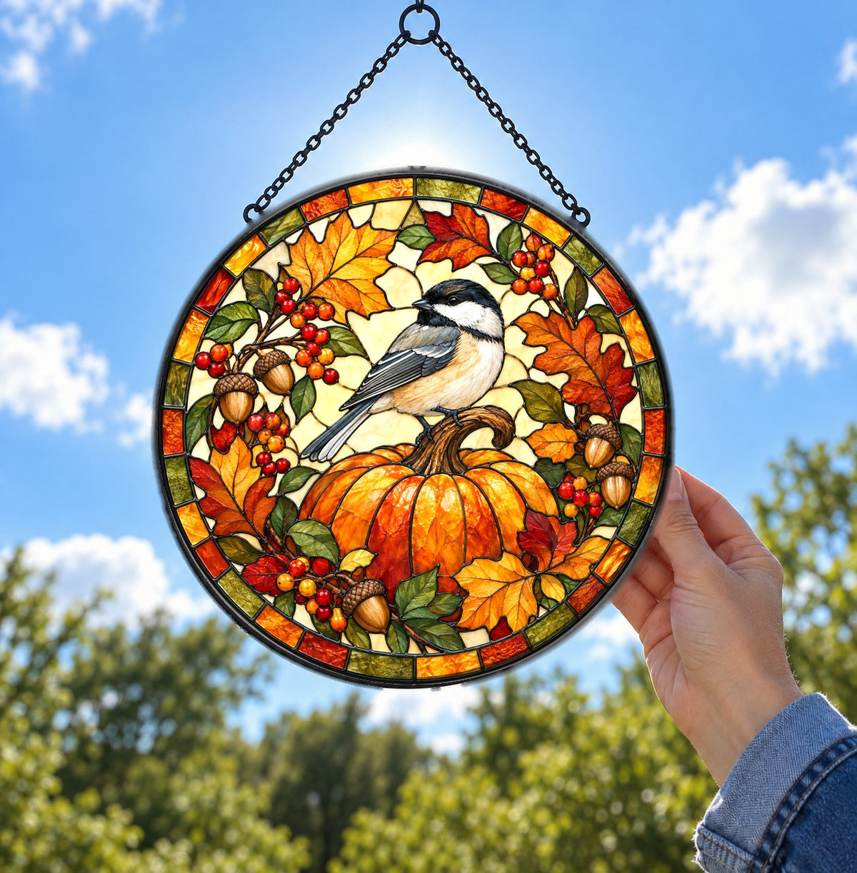 Autumn Chickadee Harvest Pumpkin Glass Suncatcher Window Hanging