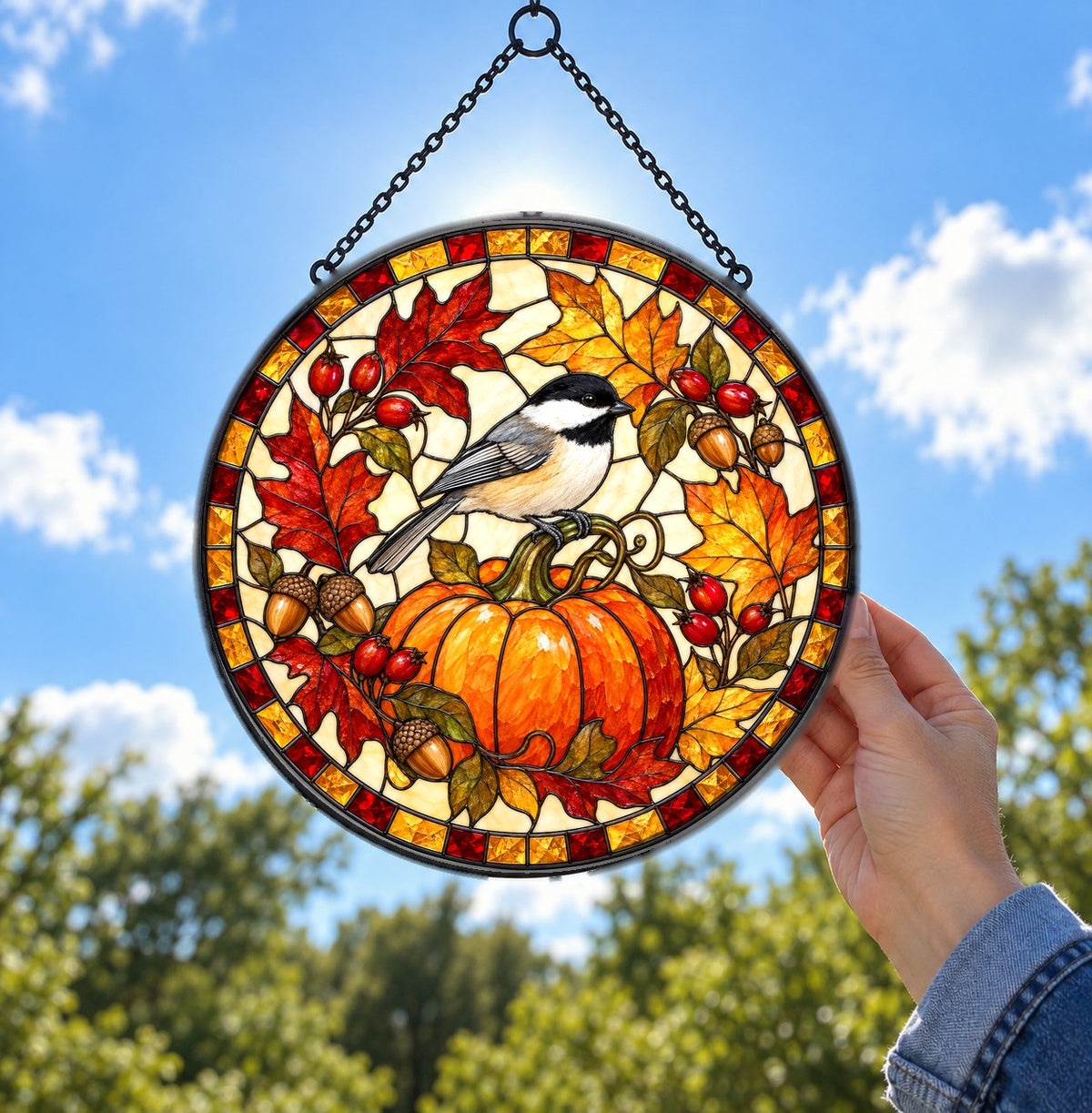 Harvest Chickadee Pumpkin Stained Glass Style Suncatcher Hanging