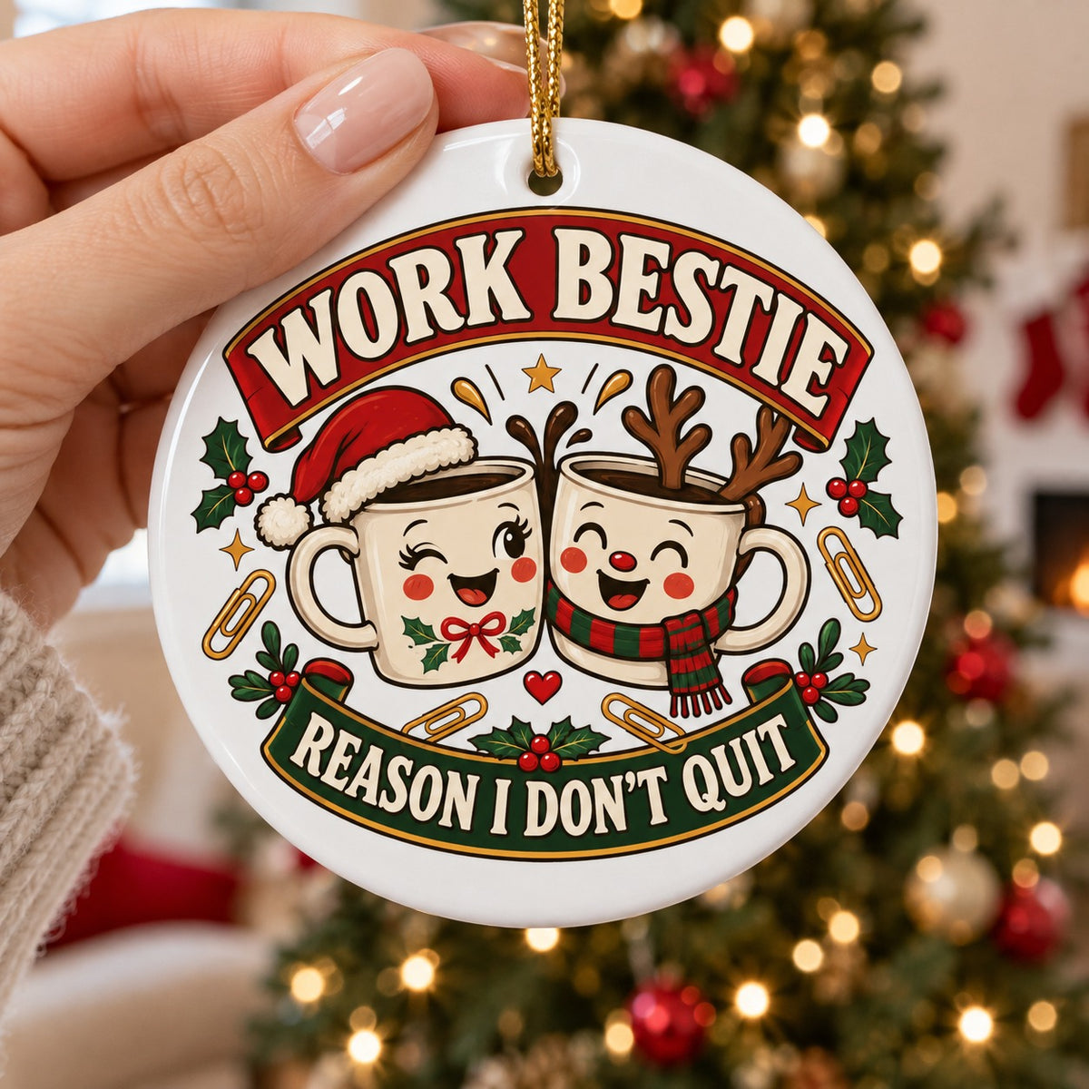 Office Bestie Christmas Ceramic Ornament for Coworker Gift