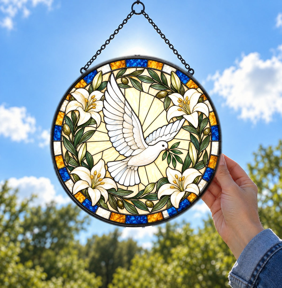 Grace and Peace Descending Dove Glass Suncatcher Hanging Ornament