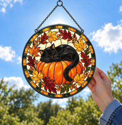 Autumn Slumber Black Cat Suncatcher, Fall Pumpkin Window Ornament