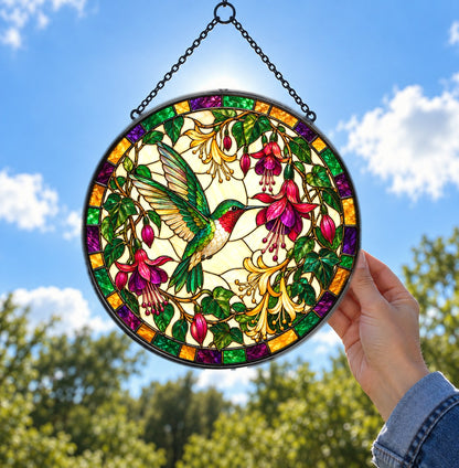 Ruby Hummingbird Fuchsia Bloom Glass Suncatcher Window Ornament