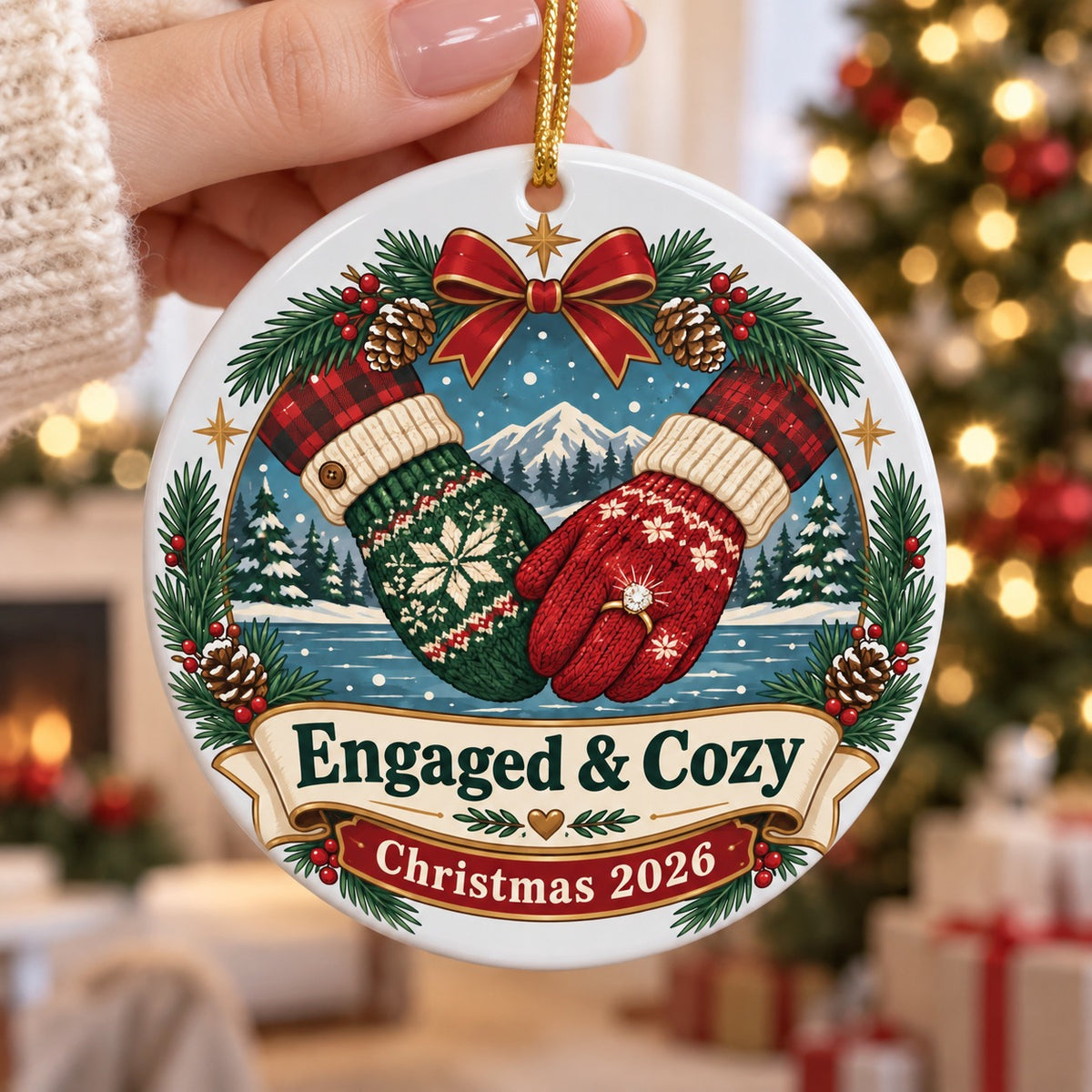 Engaged and Cozy Mittens Keepsake Engagement Christmas Ornament