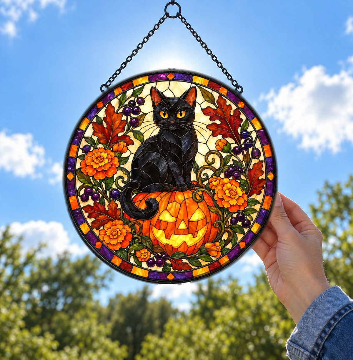Midnight Pumpkin Familiar Cat Glass Suncatcher, Window Ornament