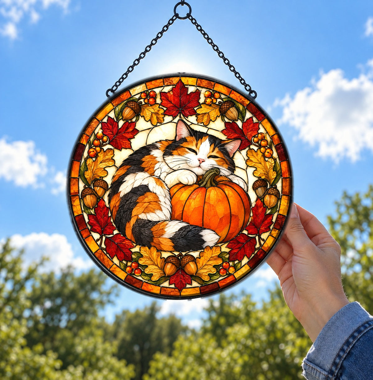 Calico Cat Autumn Pumpkin Suncatcher Ornament Stained Glass Window