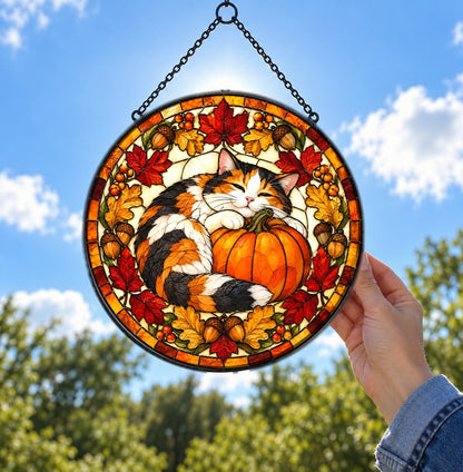 Calico Cat Autumn Pumpkin Suncatcher Ornament Stained Glass Window