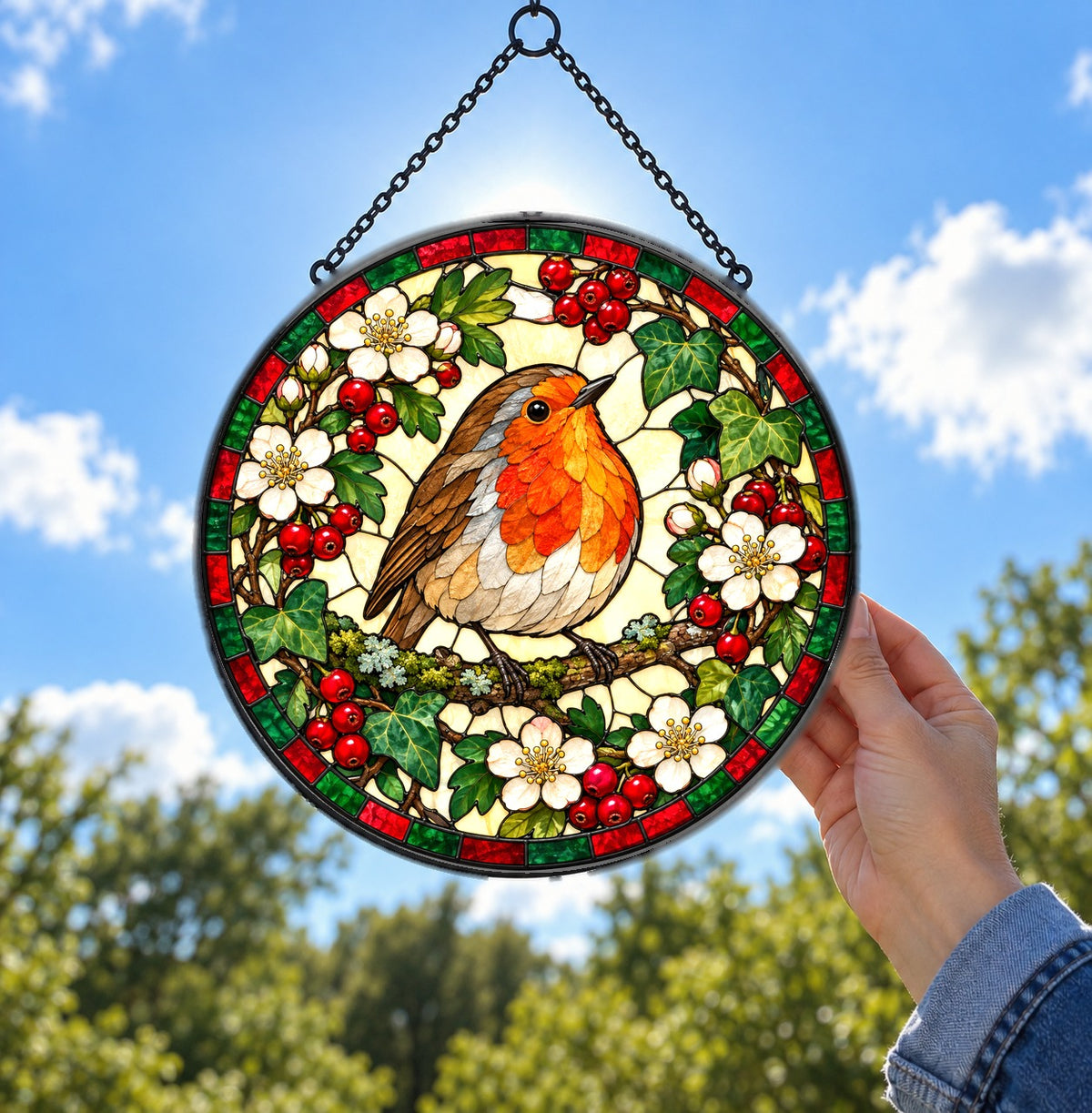 Garden Visitor Robin Stained Glass Suncatcher Hanging Ornament