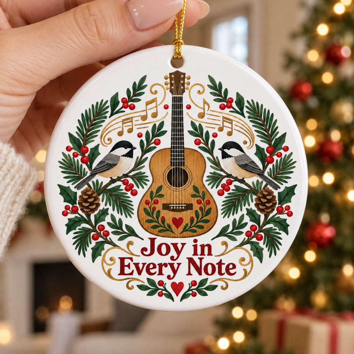Folk Art Winter Melody Ornament, Acoustic Guitar Ceramic Music Gift