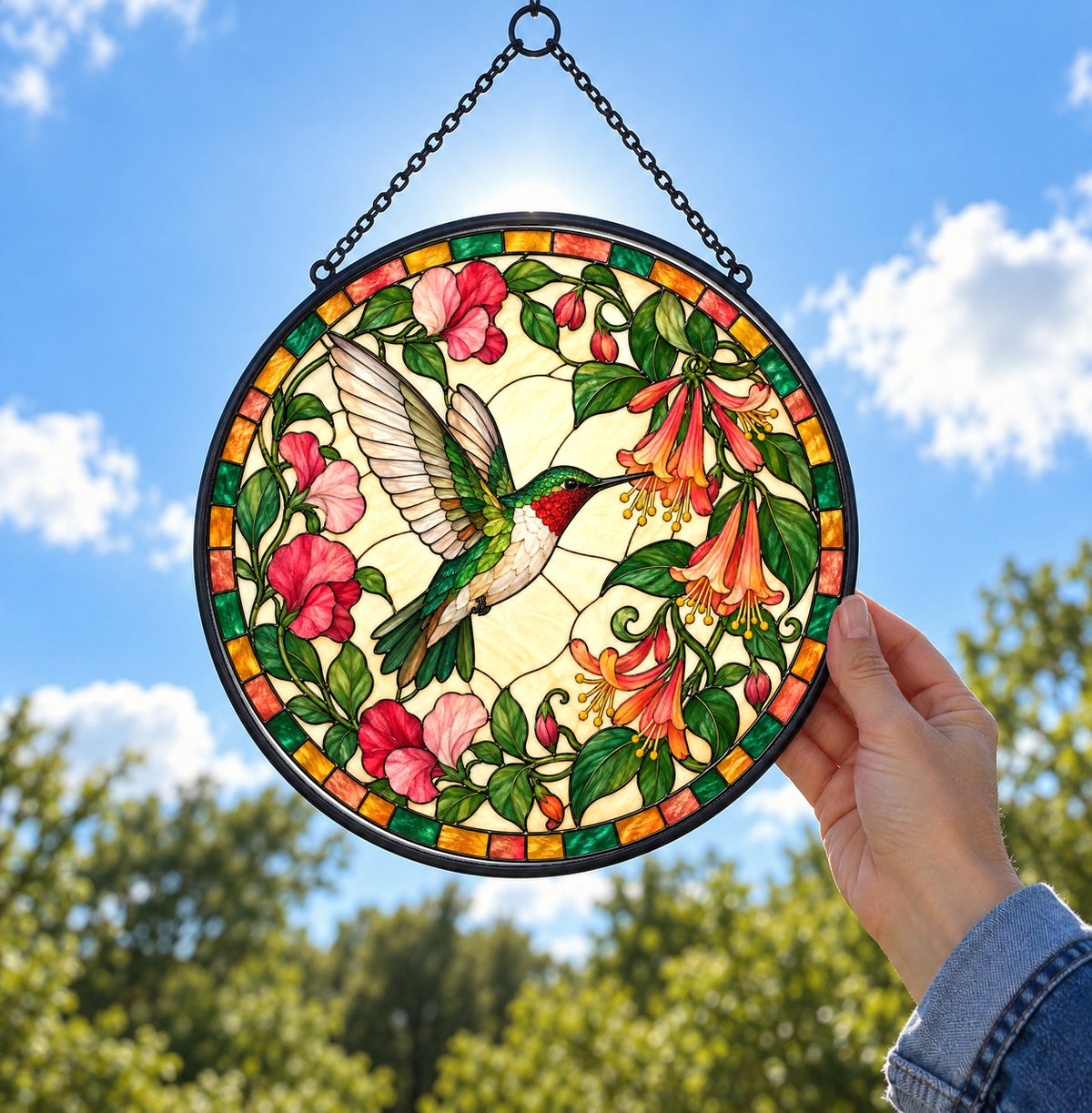 Hummingbird Honeysuckle Stained Glass Suncatcher Window Ornament