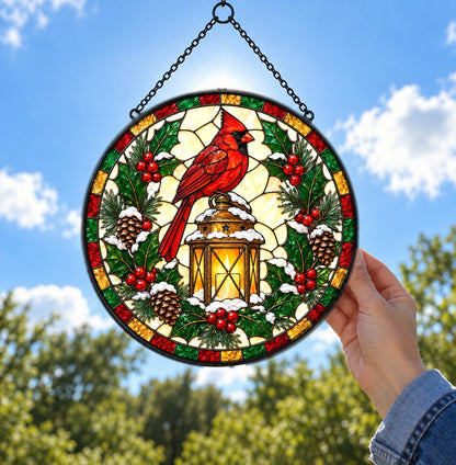 Winter Cardinal Glass Suncatcher Christmas Window Ornament