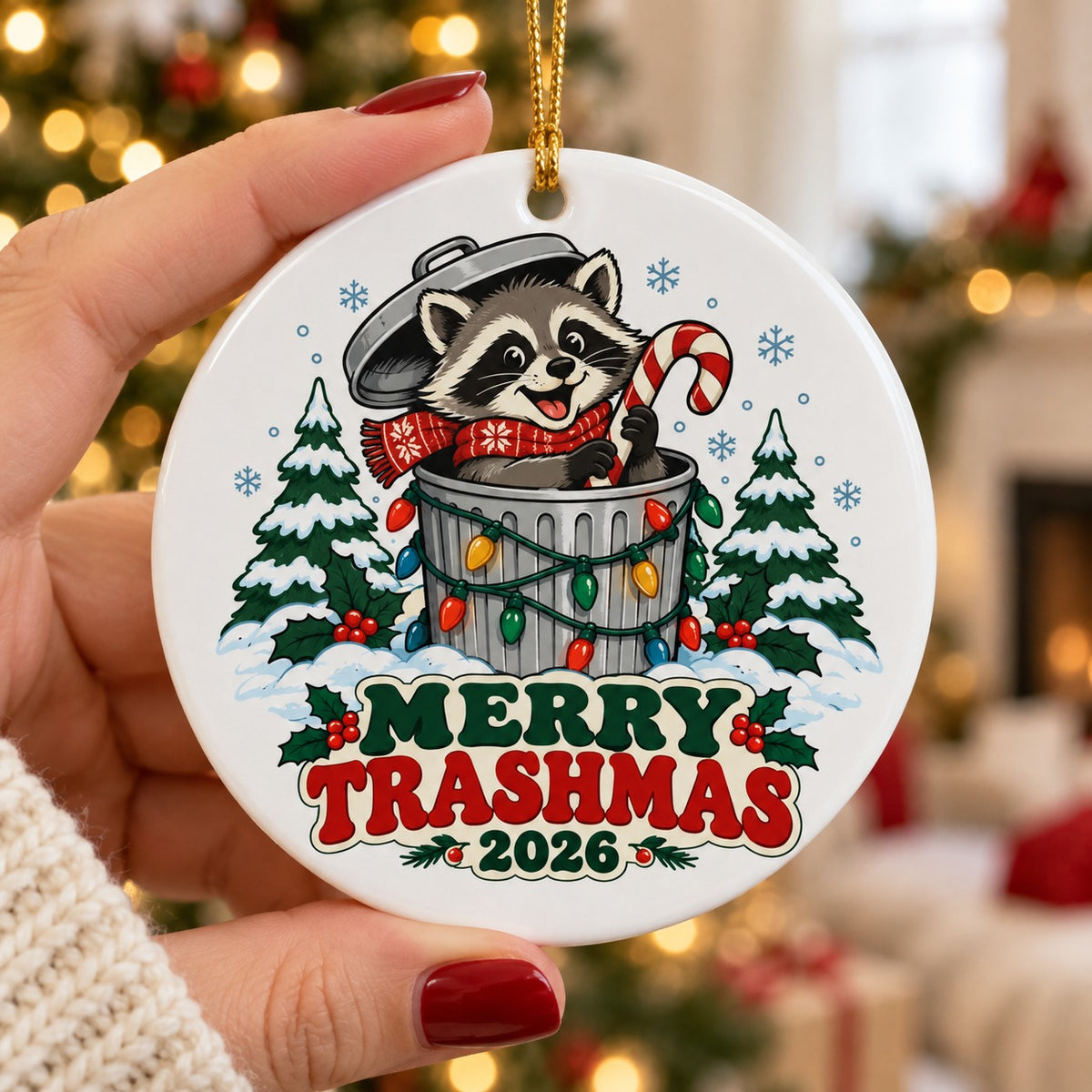 Festive Trash Panda Merry Trashmas 2026 Ceramic Christmas Ornament