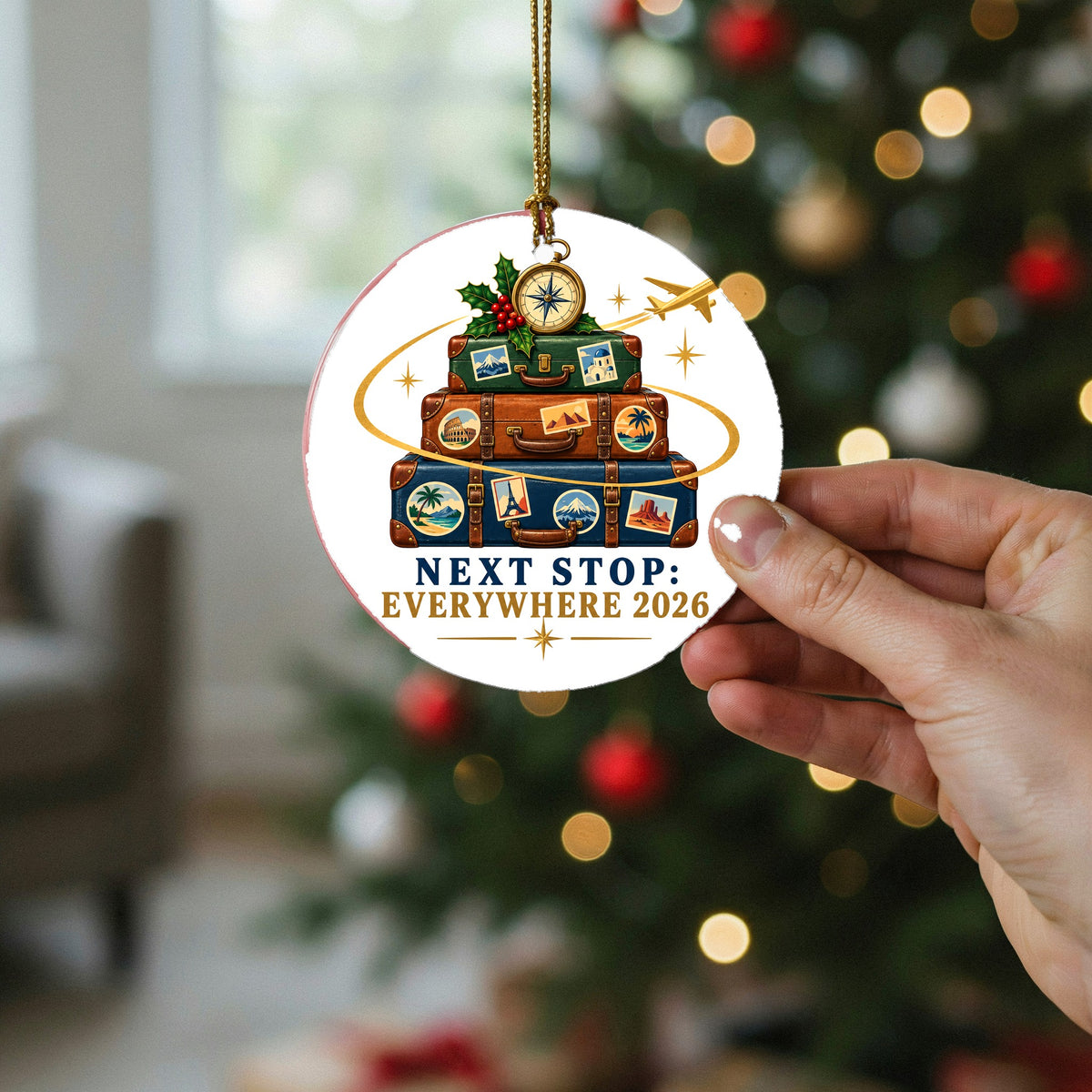 Next Stop Everywhere Luggage Badge Ceramic Christmas Ornament