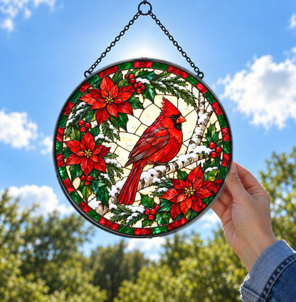 Winter Cardinal on Birch Suncatcher, Glass Christmas Holiday Ornament