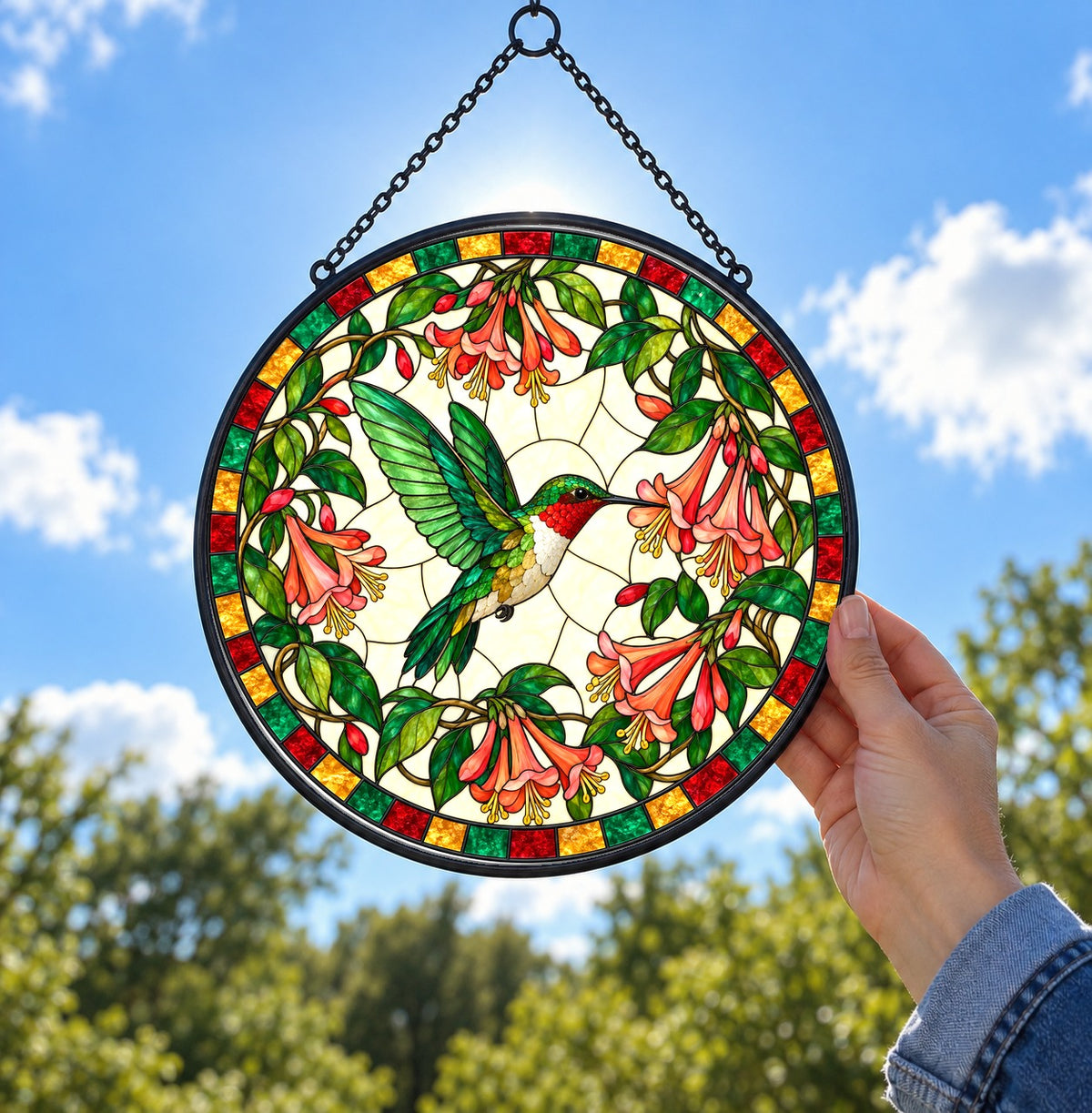 Honeysuckle Flight Hummingbird Suncatcher, Glass Window Ornament Decor