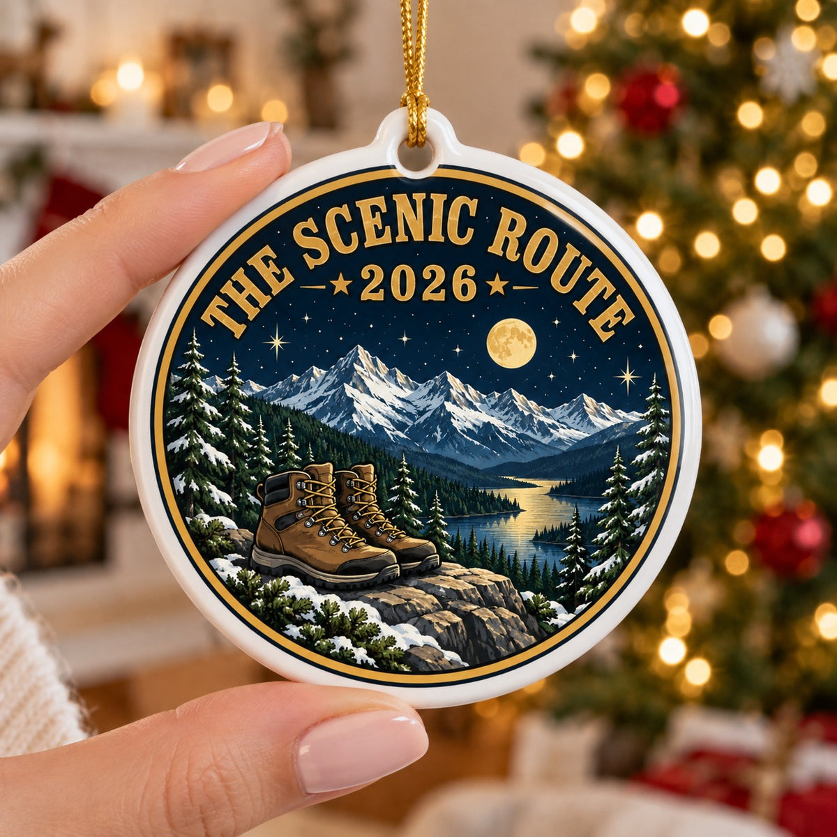 Scenic Route Alpine Summit Hiking Boots Ceramic Christmas Ornament