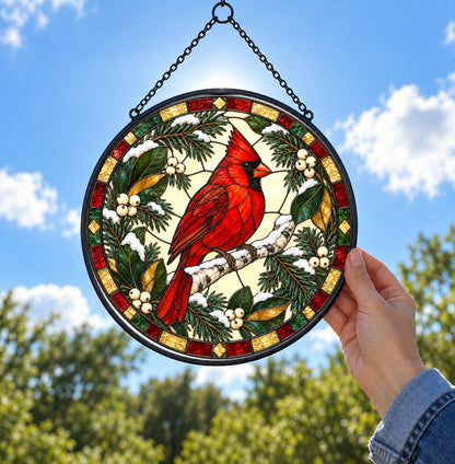 Frosted Birch Winter Cardinal Glass Suncatcher Window Hanging Ornament