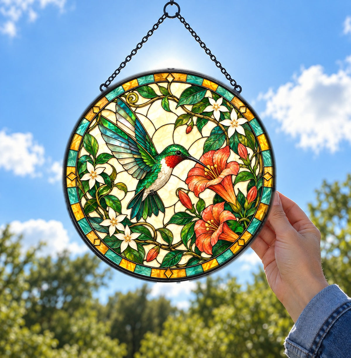 Sunlit Honeysuckle Hummingbird Suncatcher Window Hanging Ornament