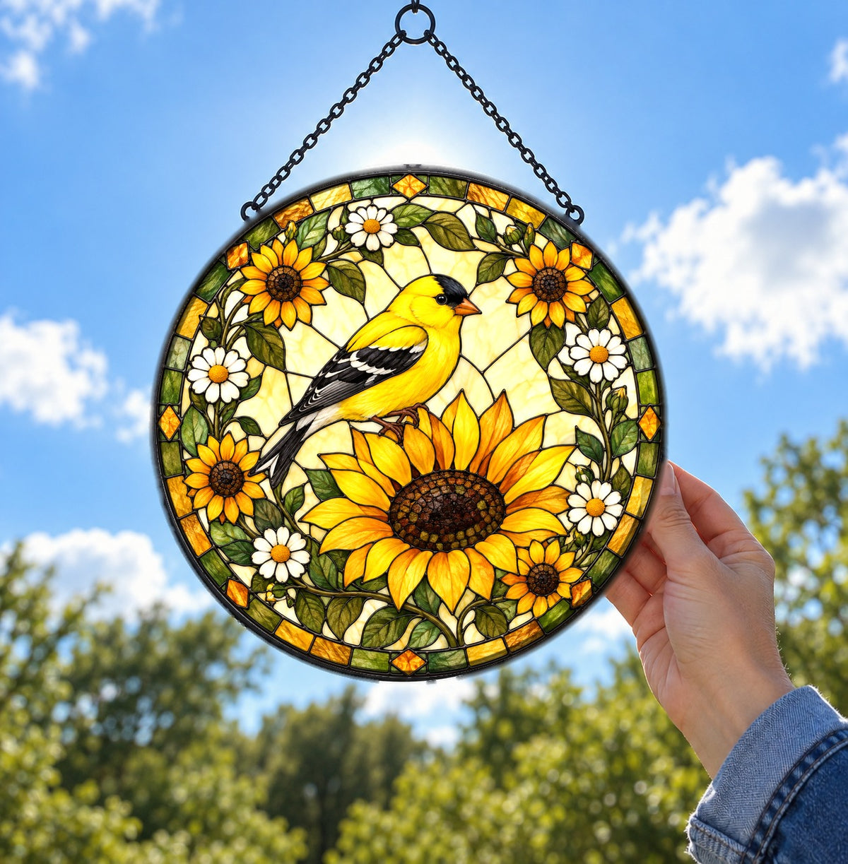 Goldfinch and Sunflower Glass Suncatcher Window Ornament