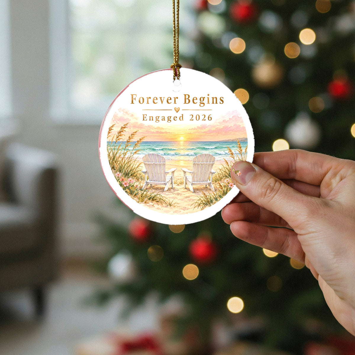 Sunset Seaside Engagement Keepsake Ceramic Christmas Tree Ornament