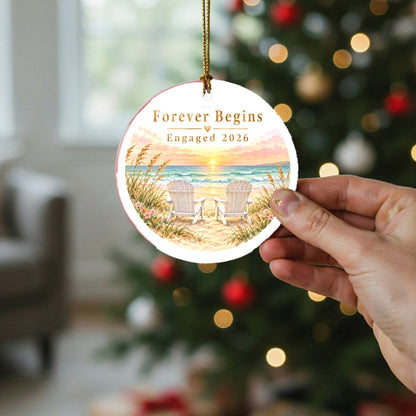 Sunset Seaside Engagement Keepsake Ceramic Christmas Tree Ornament