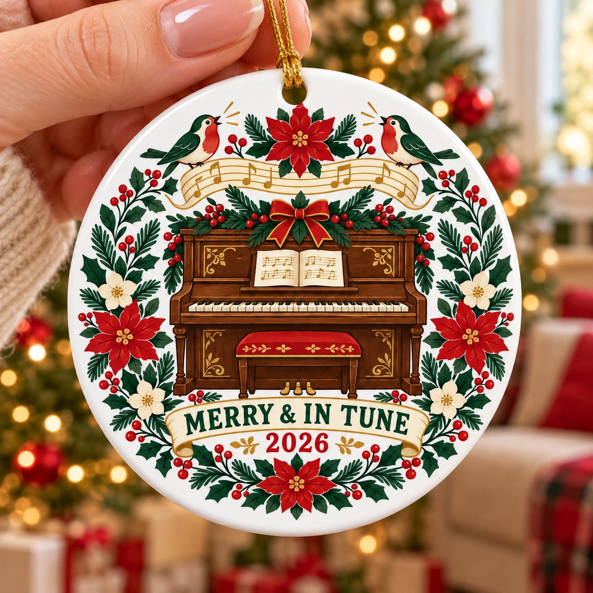 Merry and In Tune Folk Piano Ceramic Holiday Ornament