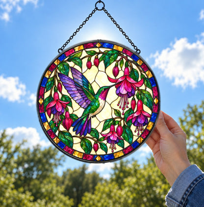 Jewel Fuchsia Hummingbird Glass Suncatcher Window Ornament