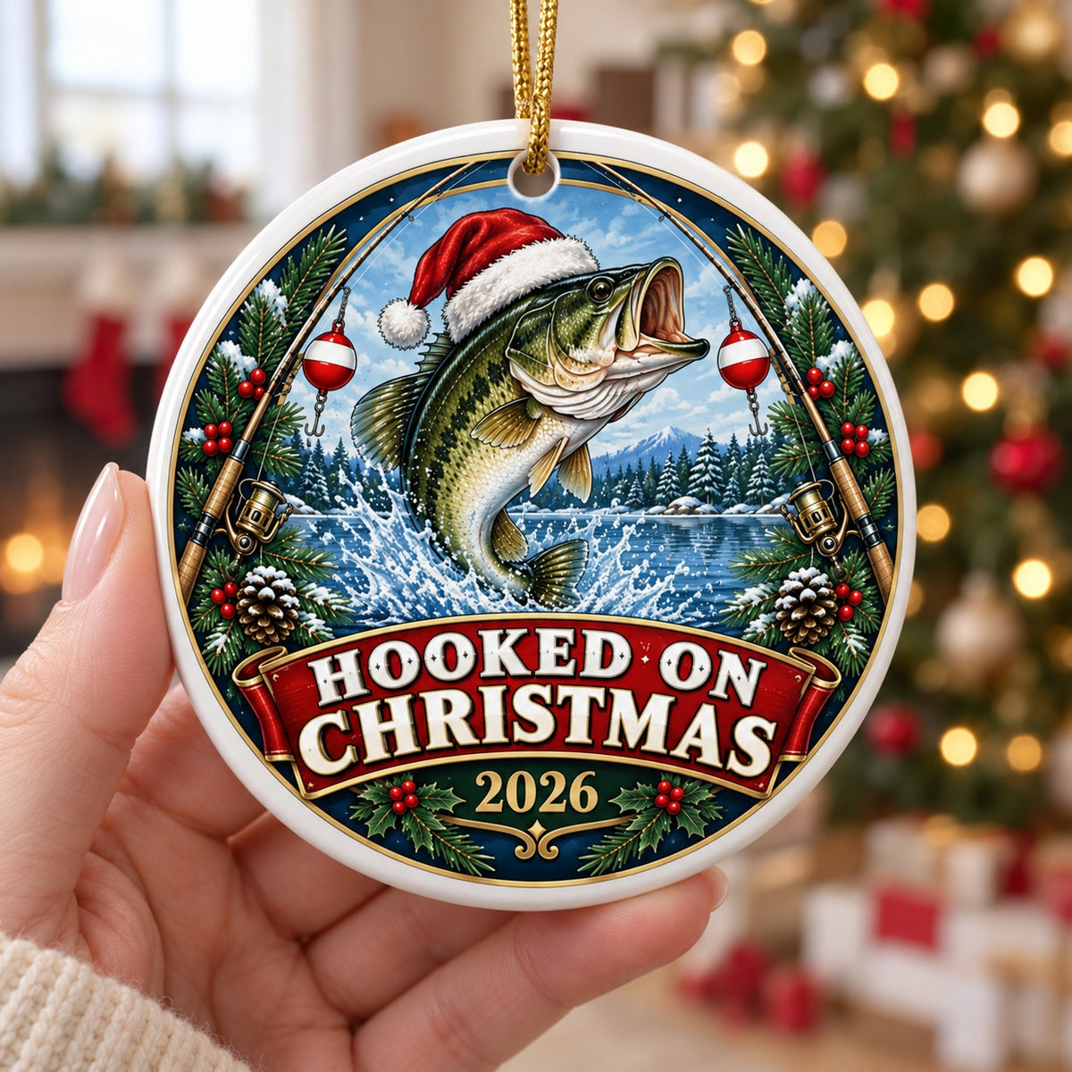 Hooked on Christmas Angler Badge Ceramic Christmas Ornament 2026